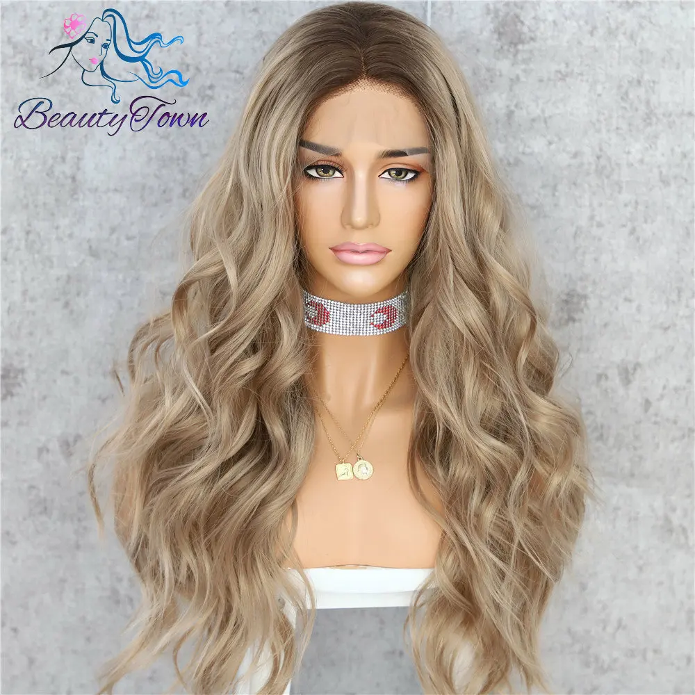BeautyTown, темные корни, Омбре, коричневый, натуральная, длинная волна, для женщин, королева, повседневный макияж, для свадьбы, вечеринки, подарок, синтетические парики на кружеве