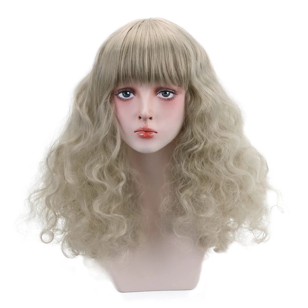 

Free Beauty 20'' Synthetic Long Curly Ashy Blonde Brown Hair Wigs with Blunt Bangs for Women Lolita Cosplay Costume Halloween