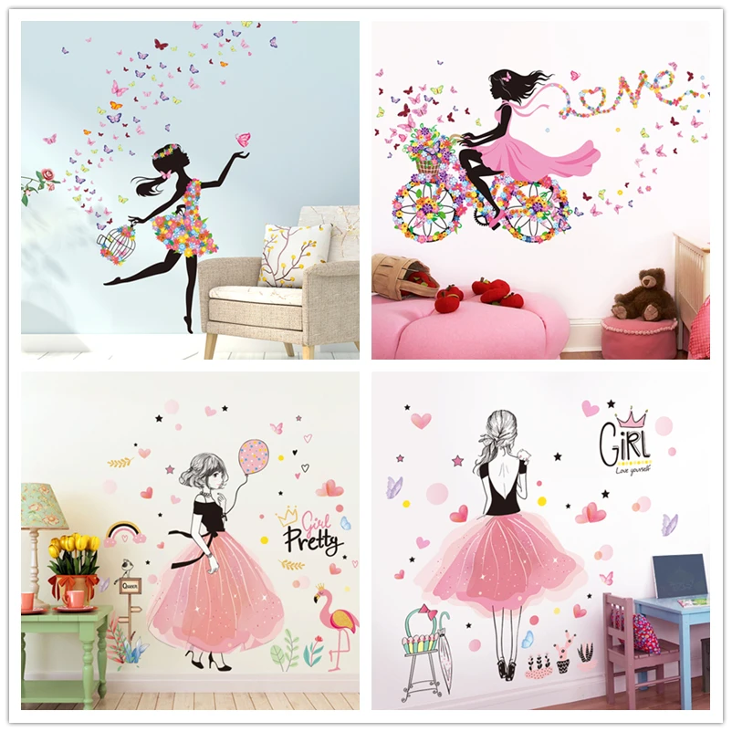 

[SHIJUEHEZI] Cartoon Fairy Girl Wall Stickers DIY Butterflies Flowers Mural Decals for House Kids Room Baby Bedroom Decoration