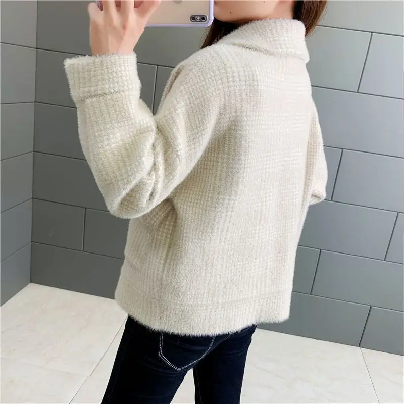 

Women's Jacket Thick Autumn Winter Plaid Turn Down Collar Pockets Single Breasted Ladies Knitted Wear Outerwear for Female