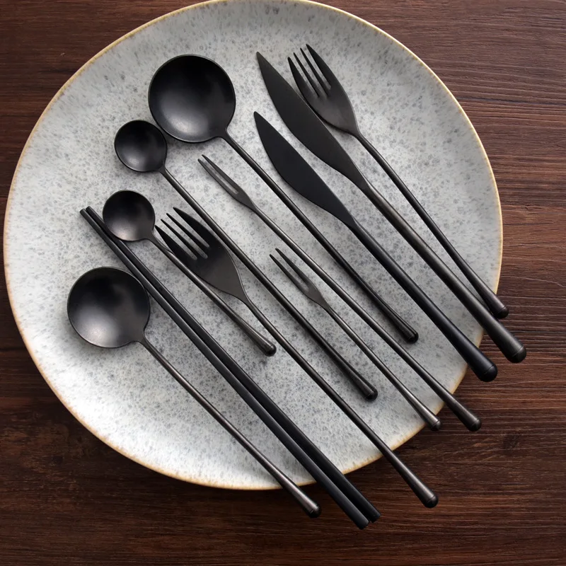 

Black dinnerware set Stainless steel cutlery set chopsticks soup spoon Dessert fork steak knife kitchen utensil tableware set