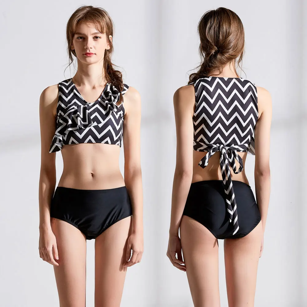 Женский укороченный бикини с волнистым принтом завязками на спине высоким