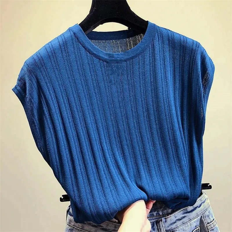 

Модные вязаные рубашки, Женская Повседневная летняя блузка без рукавов, женская одежда, свободная уличная одежда, белые женские топы, рубаш...