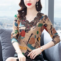 2021 autumn fashion women print tshirt long sleeve appliques mesh tops tees vintage women clothes