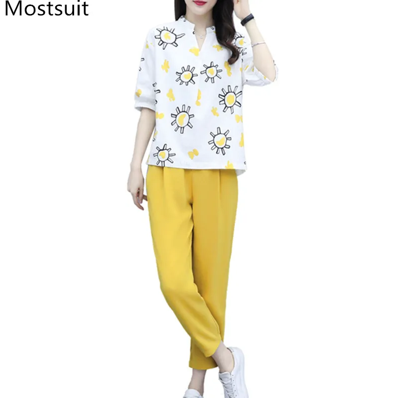 Женский комплект из двух предметов повседневный топ с принтом и брюки лето 2020| |