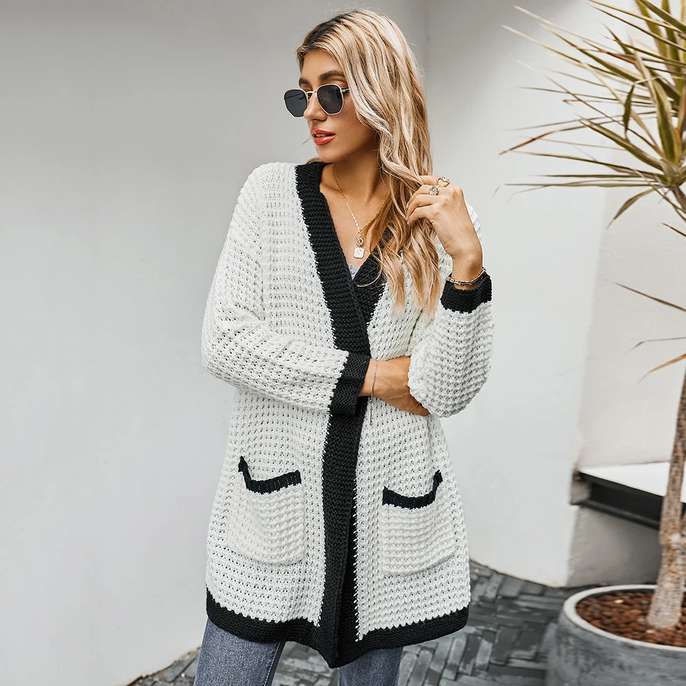 Женский кардиган с открытым швом свитер карманами и длинным рукавом вязаные
