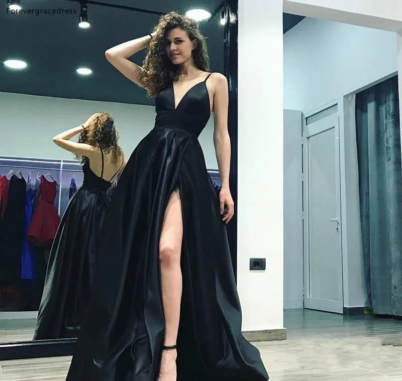 2019 Дешевое выпускное платье черного цвета трапециевидной формы с v-образн...
