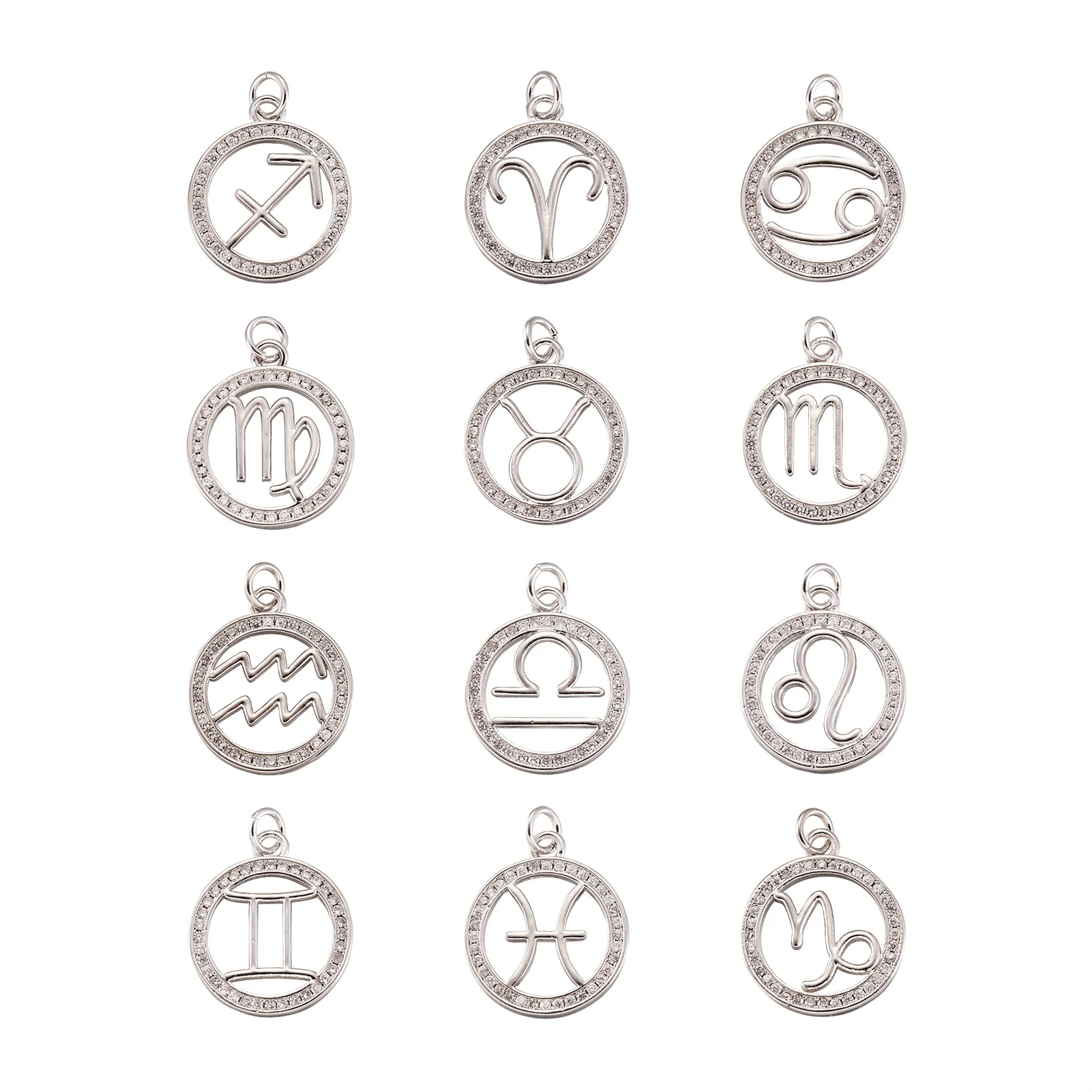 

12 Constellations/Zodiac Pendants Charms Flat Round Cubic Zirconia For Necklace Bracelet Earing Dangle Jewelry Making