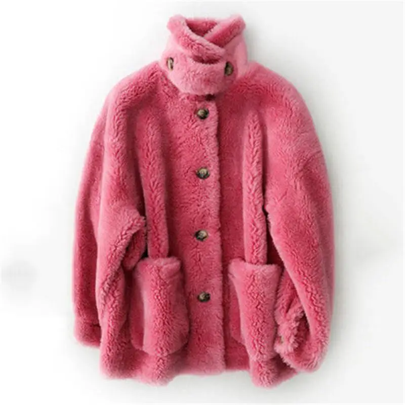 rose red Женские зимние плюшевые из натуральной овечьей шерсти, шубы из натурального меха ягненка, женские пальто из натуральной шерсти, подклад куртки из мягкой замши K315 - Цвет: rose red