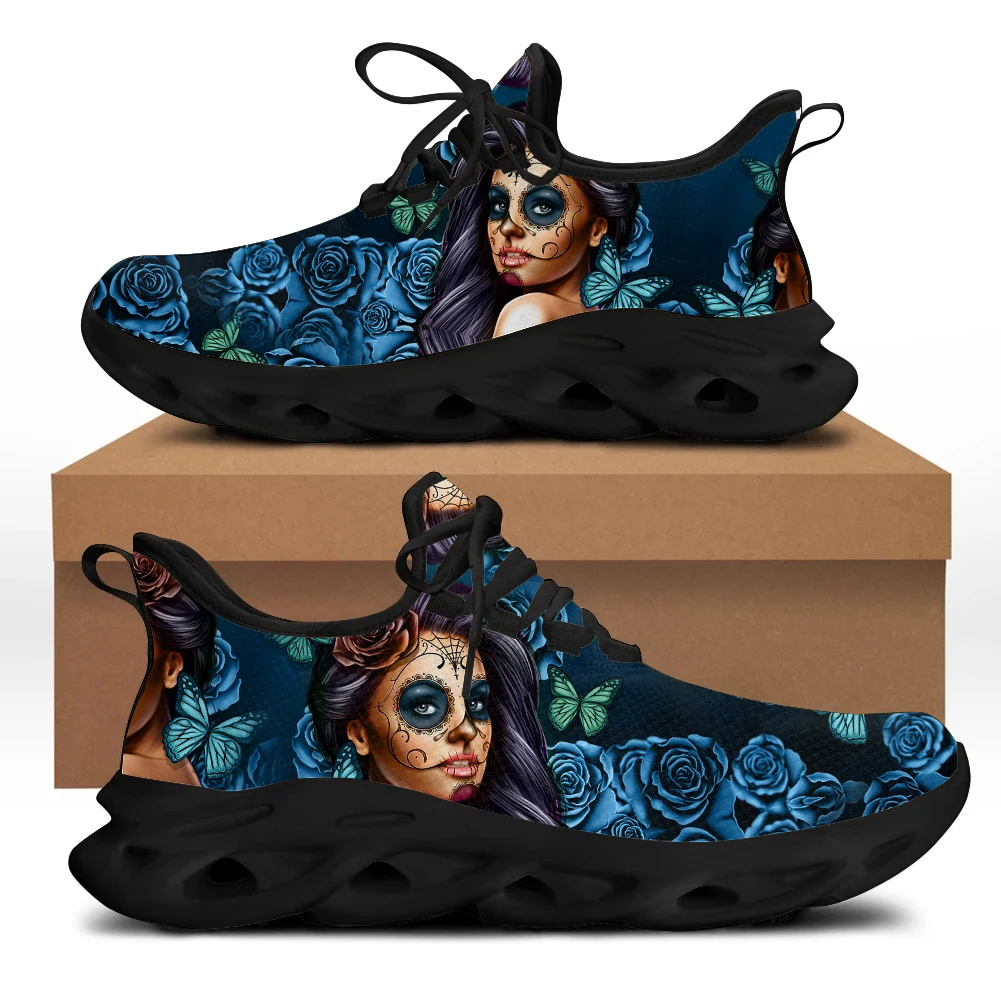 

INSTANTARTS 2021 New Style Women Height Increasing Mesh Swing Sneakers Rose Floral Sugar Skull Design Flat Shoes for Women Hot