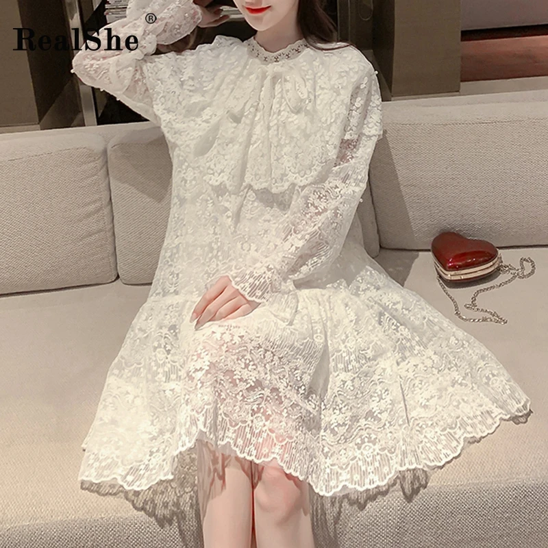 RealShe Peter Pan Collar Women Dress 2020 Flare Sleeve Lace A-Line Ladies Dresses Spring Casual Elegant Sweet Short |