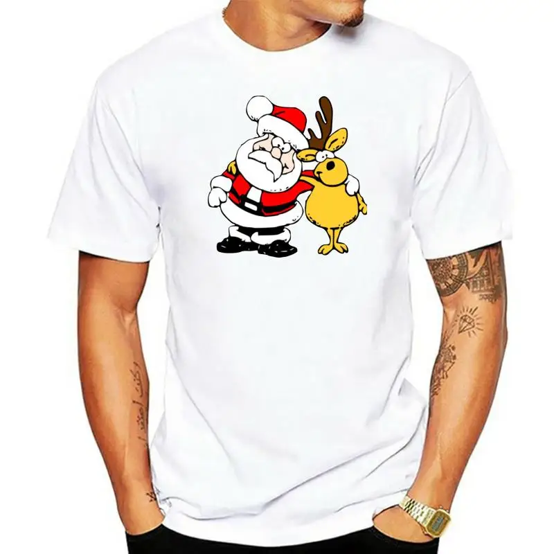 

New Year Santa Claus Deer Cartoon T Shirt Men's Tees Fitted Short Sleeve Large Size Tops Custom Image For Christmas