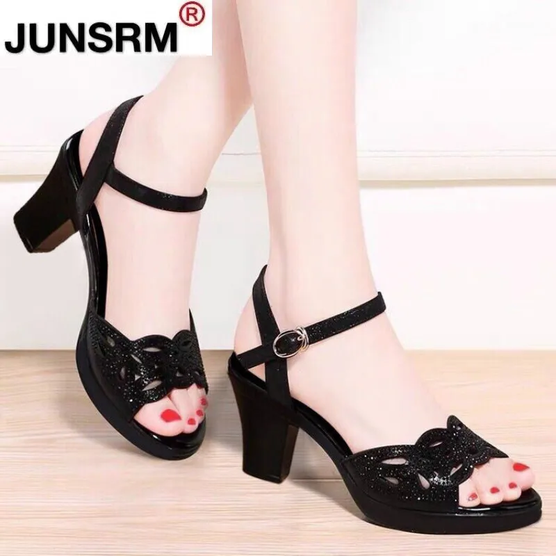 

2021 New Thick Heel Sandals Women's Summer Fish Mouth Women's Shoes Rhinestone High Heels Women's Black Mother Shoes Women