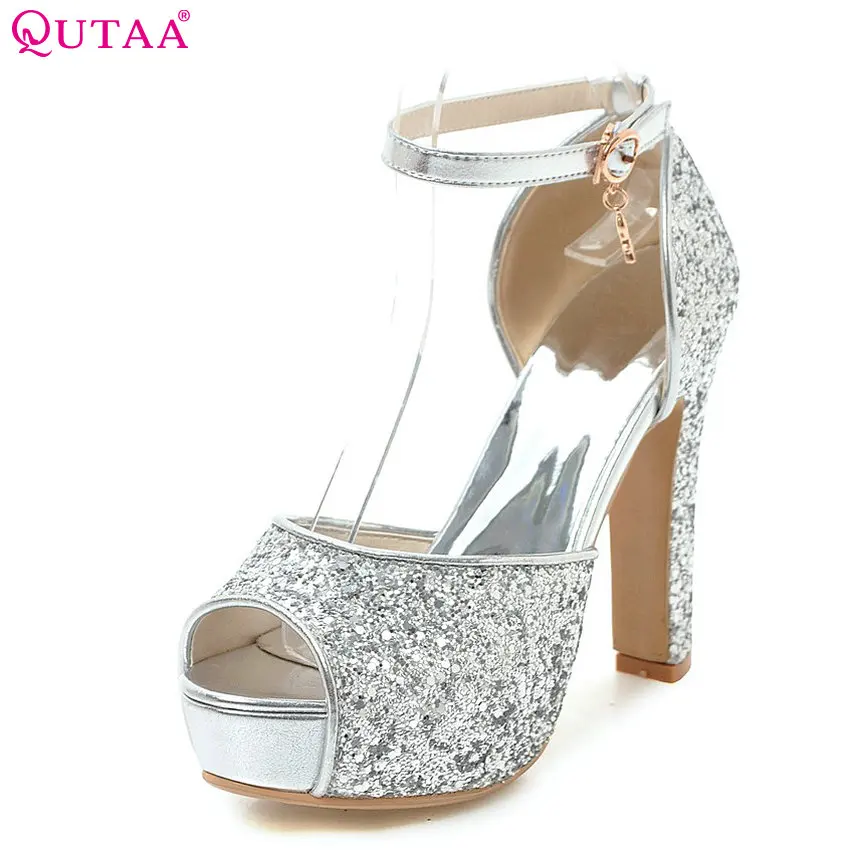 Женские босоножки на платформе QUTAA черные очень высоком устойчивом каблуке с