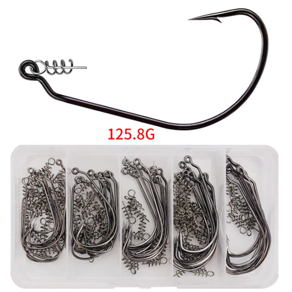 50pcs Fishing Worm Crank Hook With Spring For Soft Worm Lure Bass Barbed Carp 1/0# 2/0# 3/0# 4/0# 5/0# Fishing Hooks