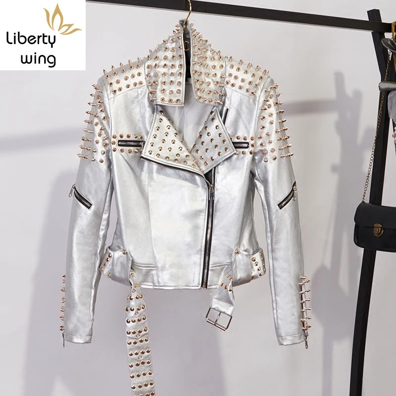 

Pu Jacket Women Punk Rivets Studded Motorcycle Spiked Faux Leather Jackets Streetwear Sashes Casaco Feminino Top
