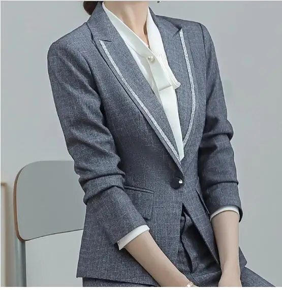 

Gray pants suits women business formal fashion temperament long sleeve blazer and pants office lasies professional work w