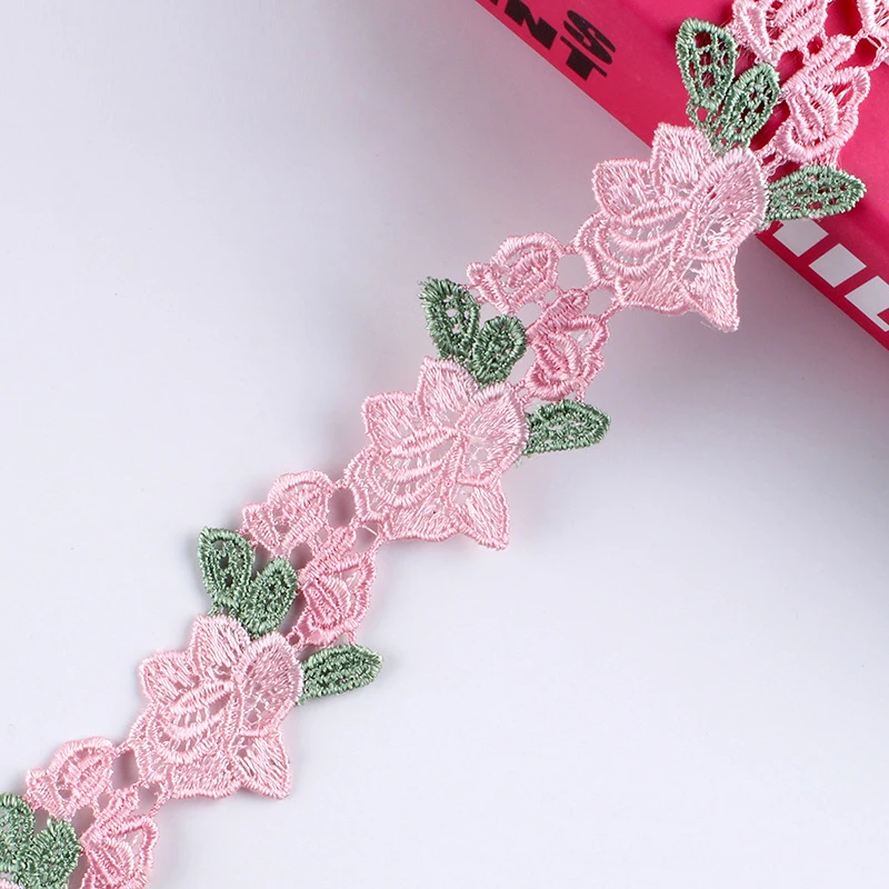 

15Yards Luxury Pink Rose Flower Water Soluble Lace Ribbon Green Leaf Venise Laces Trim for Garment Decorcation 35mm Width