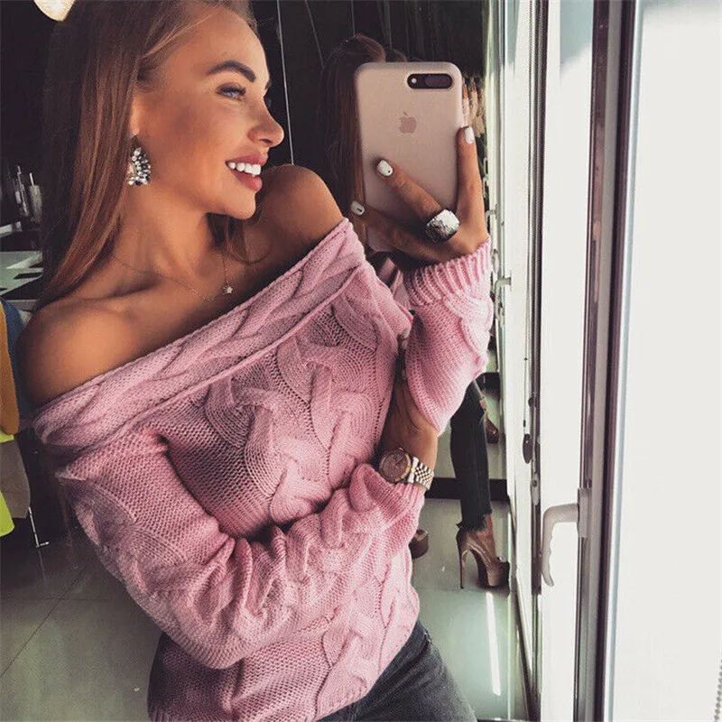 

Fashion Women Off Shoulder Long-sleeved Twist Sweater 2019 Newest Jumper Pullover Sweater Tops Ladies Solid Color Knit Sweaters