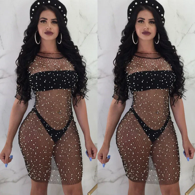 

Sexy Bandage Dress New Summer Dress Short Sleeve Mesh Sequined Pencil Bodycon Dress Female Dresses