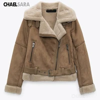 2021 winter women thick warm suede lamb jacket short biker casual with belt faux leather coats brown black outwear ladies
