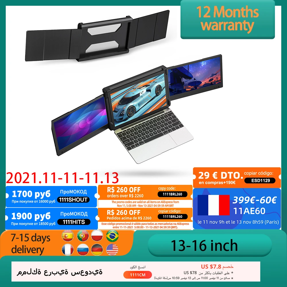 

OFIYAA Portable Triple Monitor IPS 1920x1080 USB C HDMI Display HD External Dual Screen For Laptop PC Phone PS4 Xbox Switch