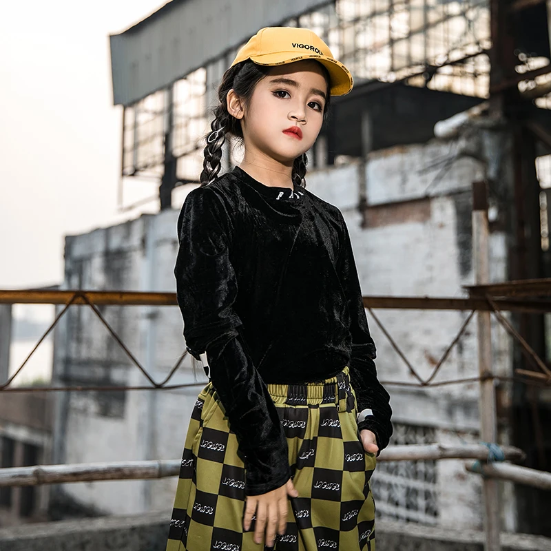 Детские костюмы в стиле хип-хоп Модный черный топ с длинными рукавами для девочек