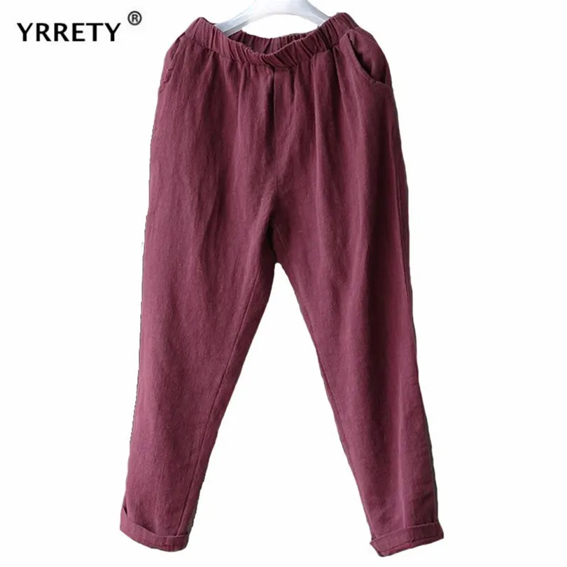 

YRRETY Spring Autumn Linen Harem Pants Vintage Women Solid Loose Trousers Female Work Pants 4 Colors Black Trousers Ankle-Length