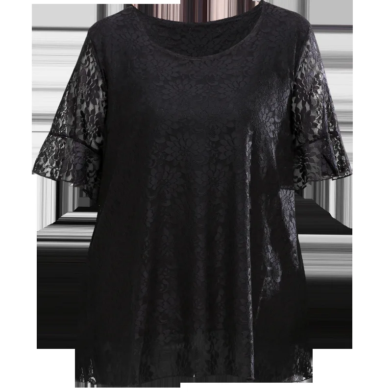 

New 2021 summer plus size tops for women blouse large loose casual short sleeve black O neck lace shirt 3XL 4XL 5XL 6XL 7XL