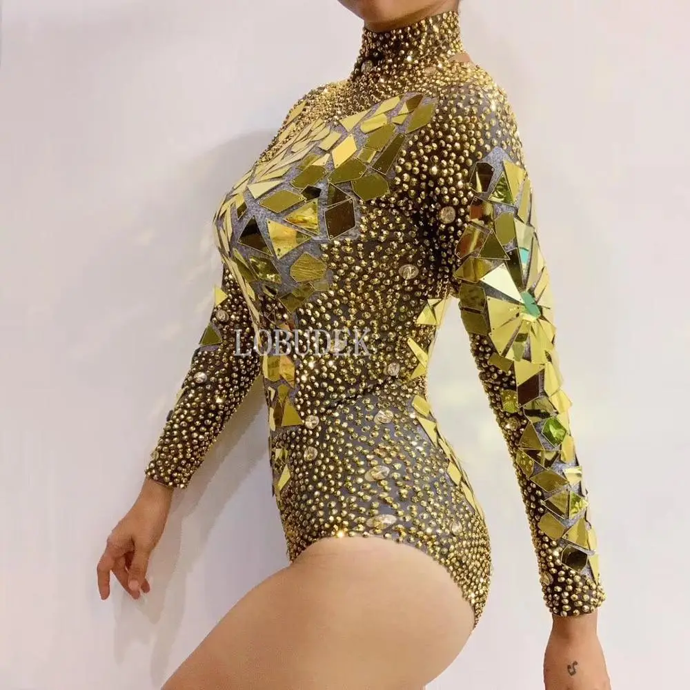 Gold Silver Rhinestones Mirrors Bodysuit Elastic Skinny Crystal Sequins Jumpsuit Birthday Party Nightclub Singer Dancer Costume