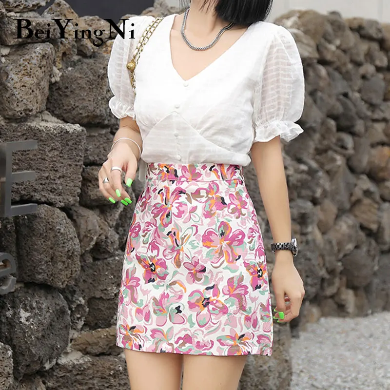 

Beiyingni 2021 Summer Short Skirt Women Floral Printed Casual Sexy Kawaii Slim Korean Fashion Skirts Vintage Faldas Pink Green