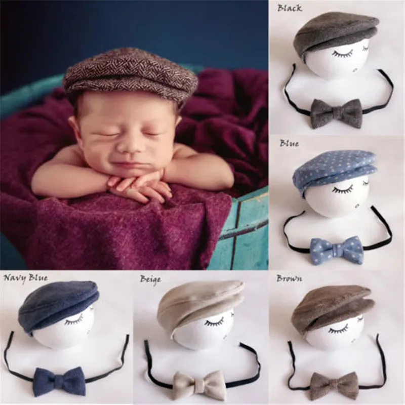 Newborn Baby Peaked Beanie Cap Hat + Bow Tie Photo Photography Prop Outfit Set Little Gentle Man Accessories | Детская одежда и