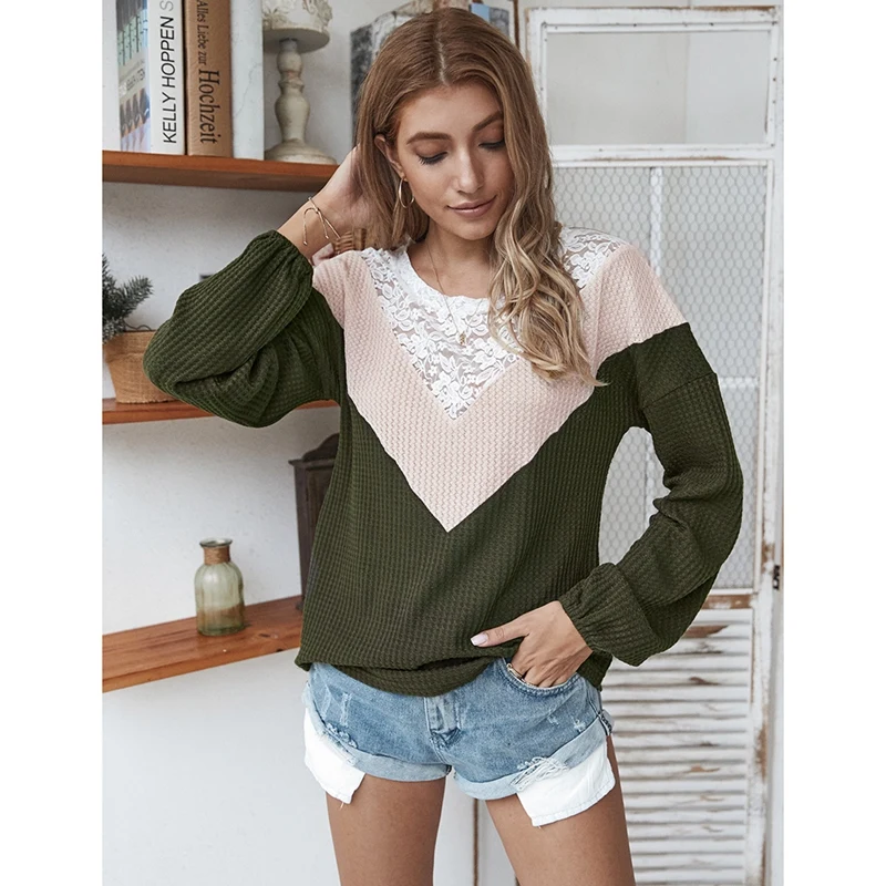Women'S Autumn Long Sleeve Sweater Sexy Stitching Female Fashion Loose Lace Tops |