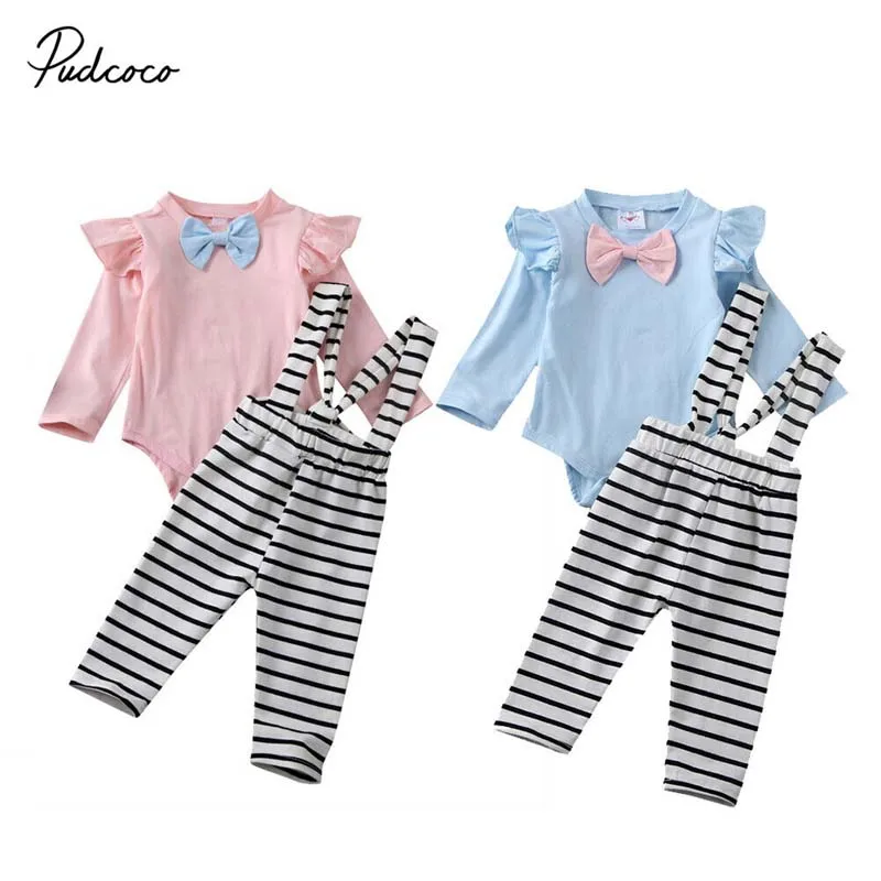 

2020 Baby Fall Clothing 2PCS Newborn Baby Girl Clothes Bowknot Ruffle Long Sleeve Bodysuit Overall Striped Pants Outfits