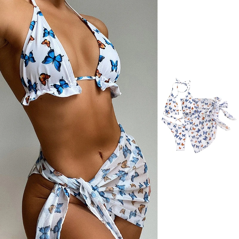 

Women Sexy 3pcs Bikini Set Butterfly Print Halter Triangle Swimsuit with Sarong