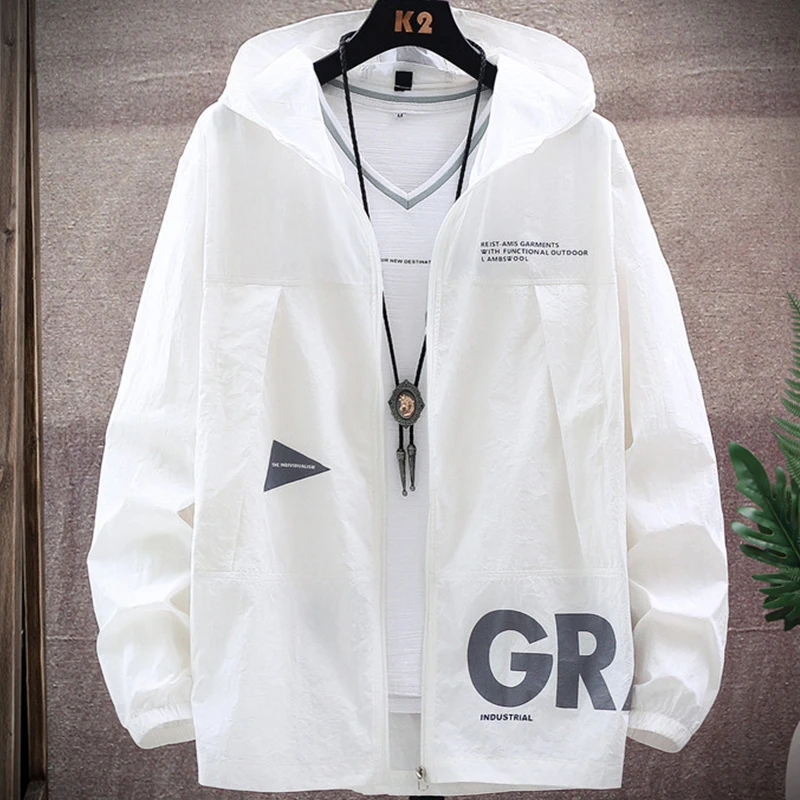 2021 New Summer UV Protection White Skin Coats Men Fashion Letter Print Hooded Casual Thin Jackets Big Size 8XL 9XL