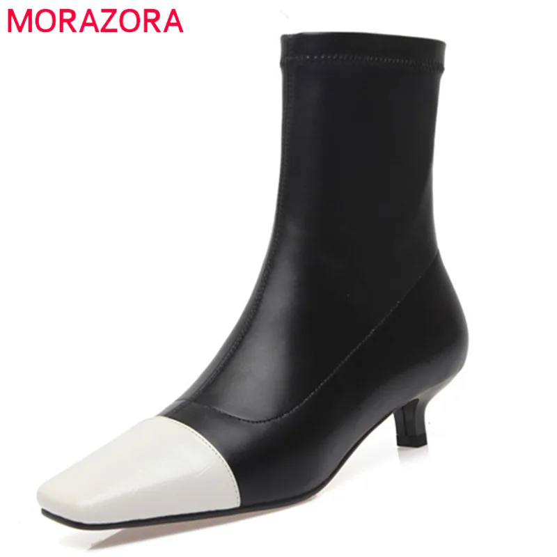 

MORAZORA 2022 New Arrive Genuine Leather Stretch Boots Women Shoes Square Toe Mixed Colors Zip Sexy Ankle Boots Women Shoes