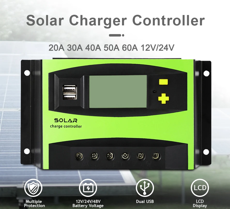

20A-60A 12V/24V Solar Charge Controller with Dual USB Interface LCD Display Smart Lighting Street Lamp Photovoltaic Panel Charge