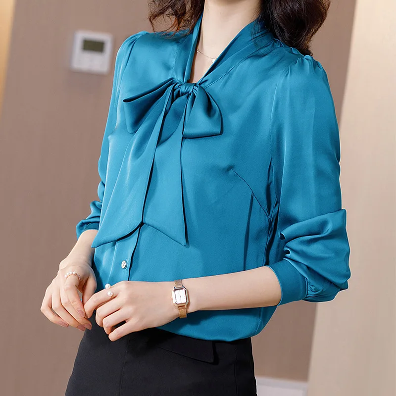 Women's Silk Shirt 2021 New Fashion Bow Collar Ol Blouse Natural Mulberry Top | Женская одежда