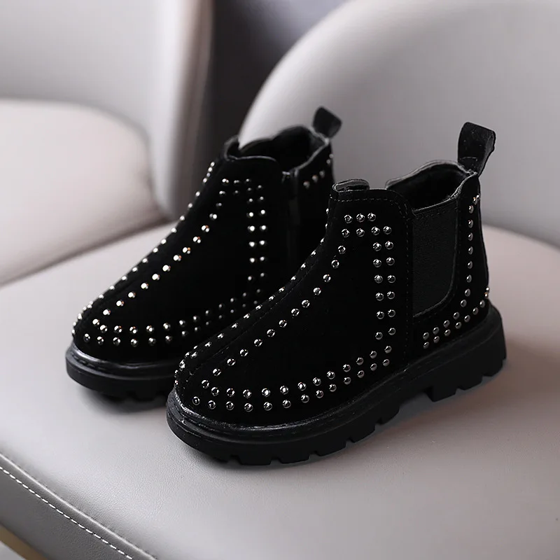

2021 Girl Boots Stylish Rivet Snow Boots Children Ankle Autumn Winter Shoes For Kids Boys Leather Boots EUR26-36