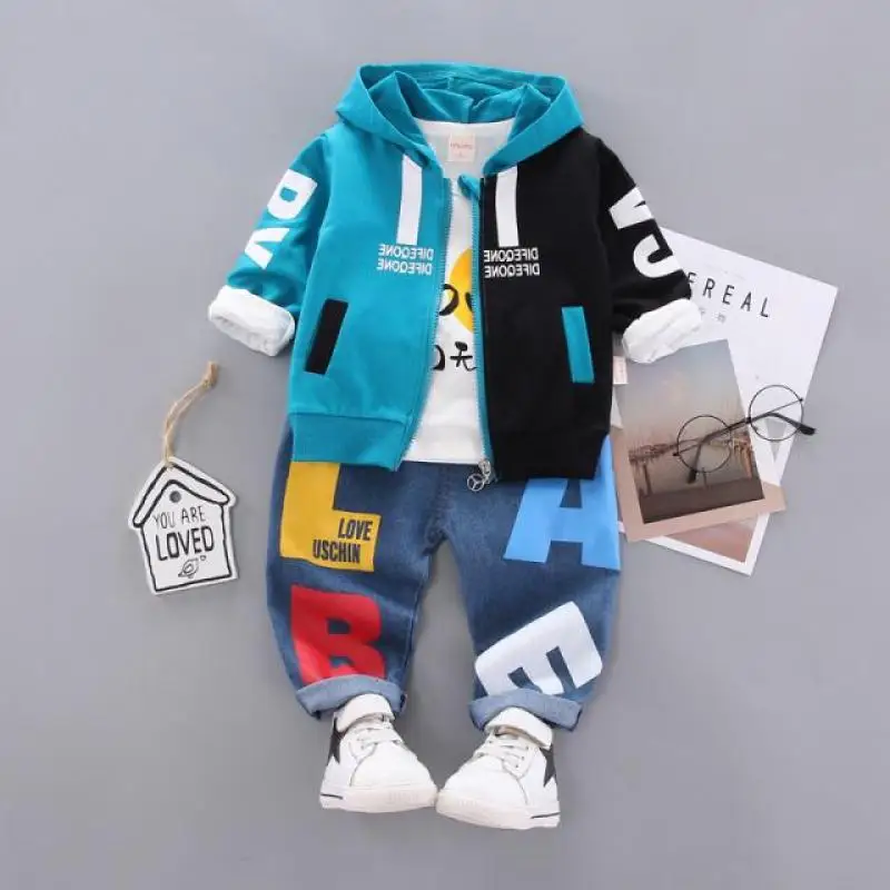 

Baby Boys Children's Clothing Sets Cotton Patchwork Long Sleeve Hooded Jacket+T Shirt+Denim Pants 3Pcs Toddler Fashion Sportsuit