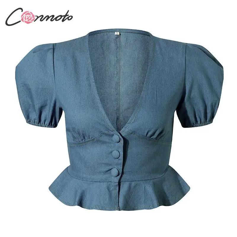 Conmoto модные женские топы и блузки 2019 сексуальная джинсовая Блуза с v-образным