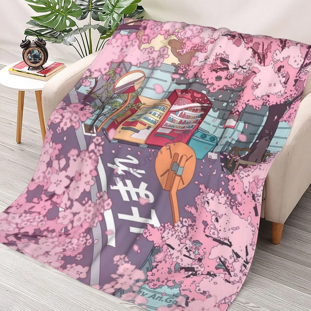 

A Beautiful Aesthetic Tokyo Street And The Pink Sakura Tree Blossom Throw Blanket Sherpa Blanket cover Bedding soft Blankets