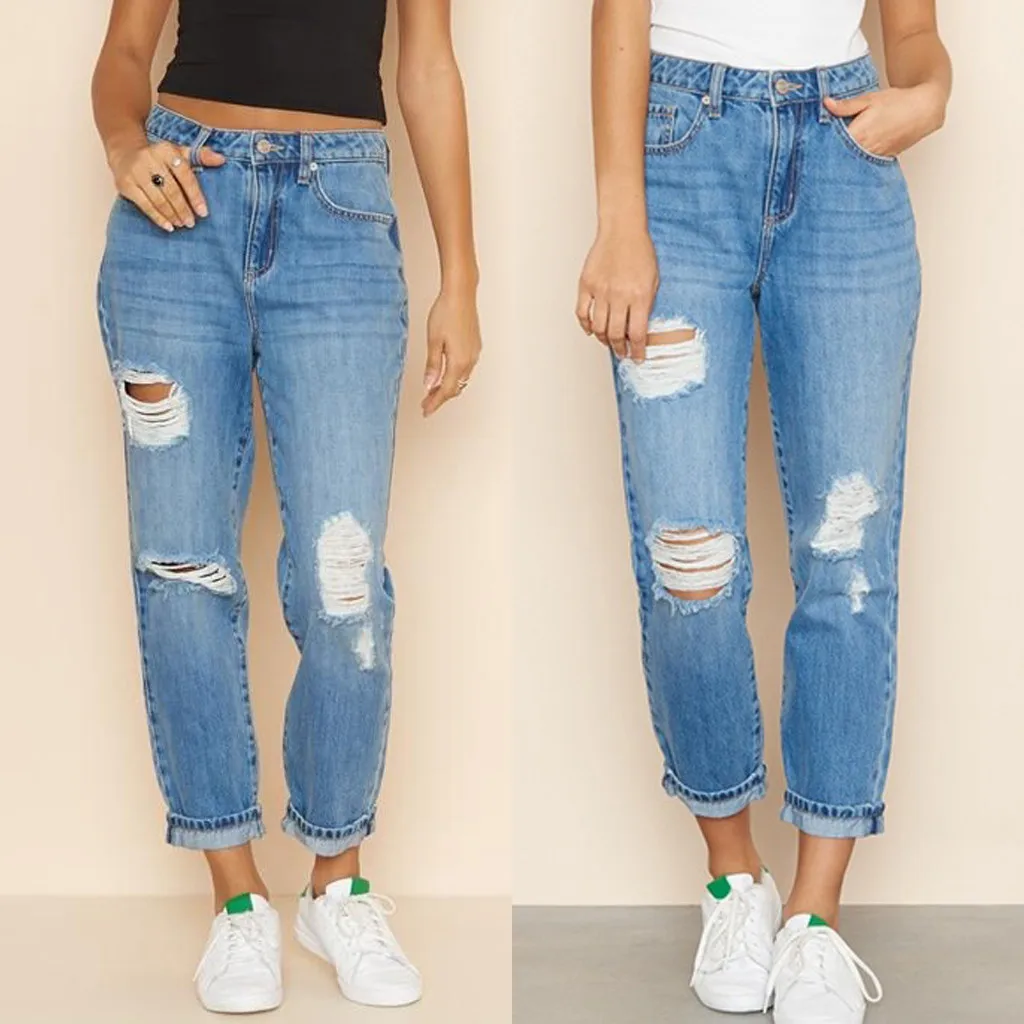 2020 Blue Ripped Distressed Boyfriend Ankle Denim Jeans Women Casual Summer Autumn Plain Straight Leg Pants Spring Trousers #3 | Женская
