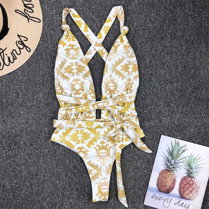 

Sexy 2020 New Personality Printed Swimwear Women Deep V Neck One Piece Swimsuit Female Bathing Suit Swim