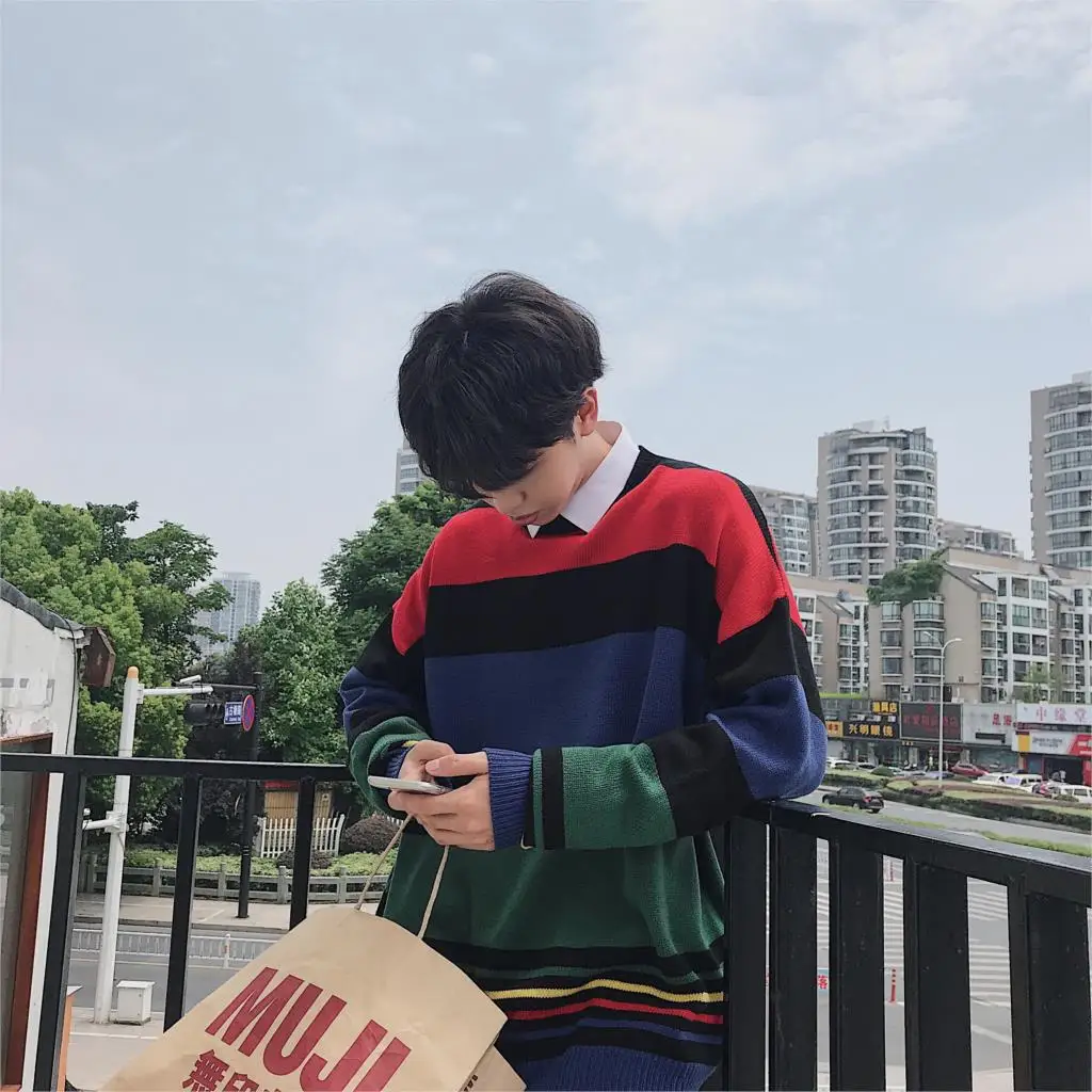 LAPPSTER мужской свитер в полоску Harajuku зимний Корейский модный свитер для улицы мужской хип хоп большой пуловер Одежда - Цвет: Beige