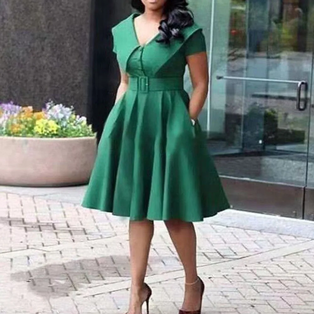 Женское платье с коротким рукавом винтажное карманами и поясом|Женские платья| |