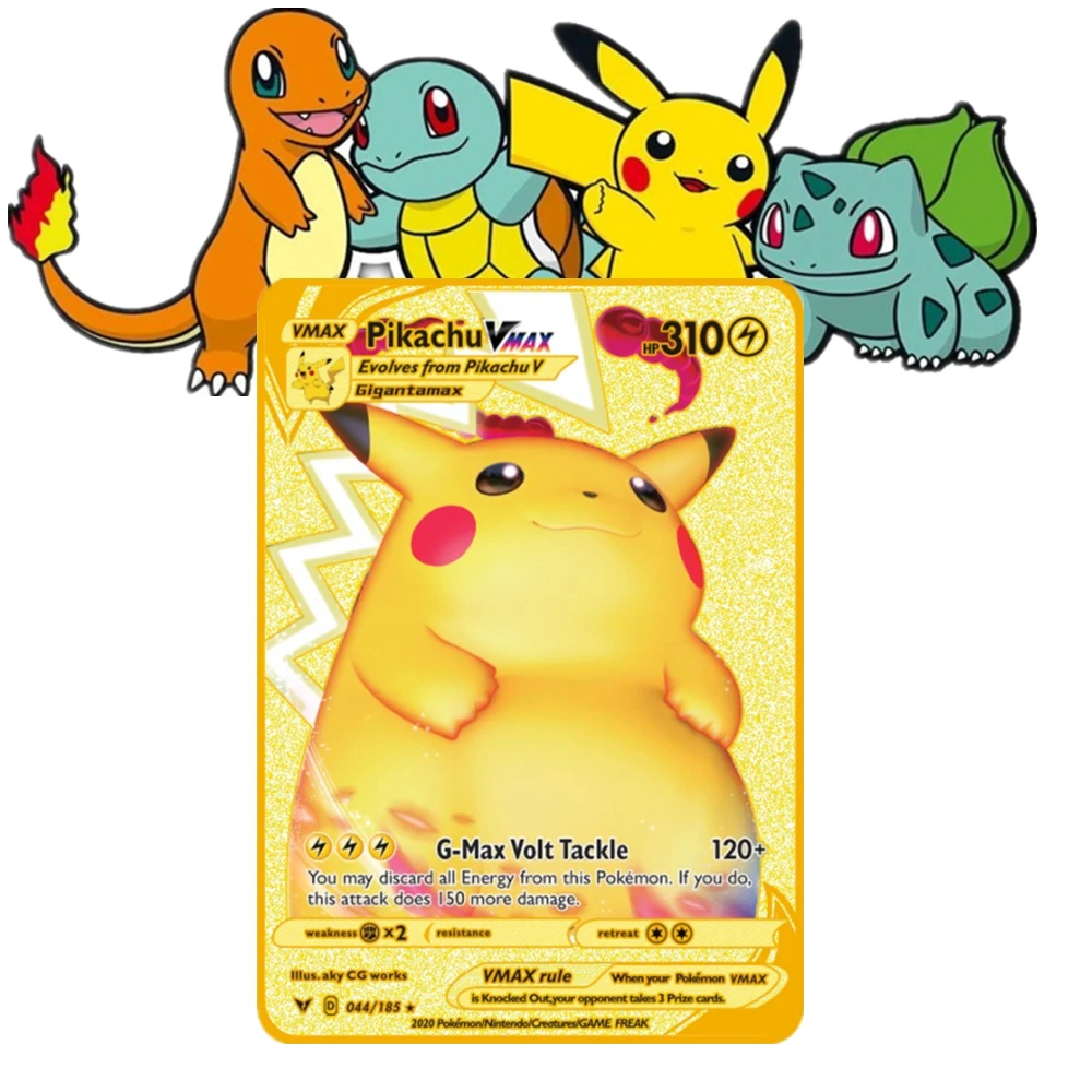 

Новинка 2022, Pokemon GO Vmax, Блестящий Золотой металлический дракон с эффектом огня, коллекционная карточная игра, серия double, детские рождественск...