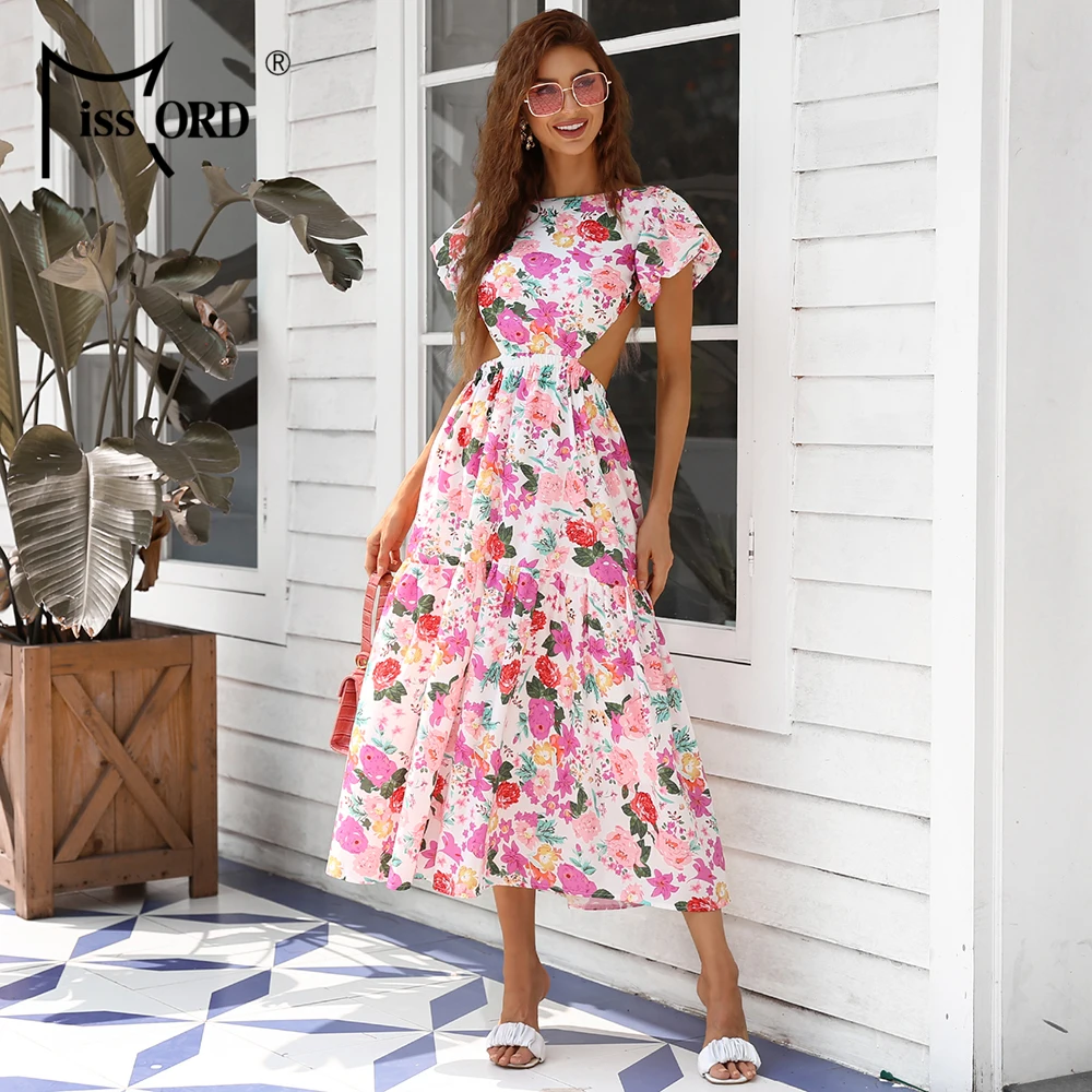 

Missord 2021 Summer Floral Print Dress Casual Backless Sexy Elegant Flounce Sleeve Maxi Payty Long Dresses Holiday High Waist