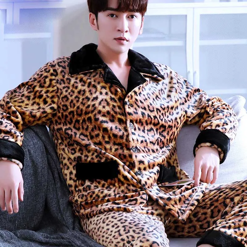 

Coral Fleece Male Pajamas Set Polyester Full Trousers Men 2pcs/set Warm Thicken Flannel Autumn Winter Man Home Clothes Plus Size